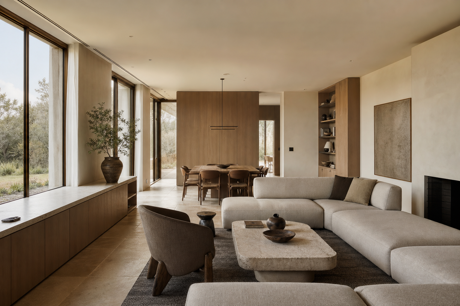 Warm open-plan living and dining interior by Atelier North