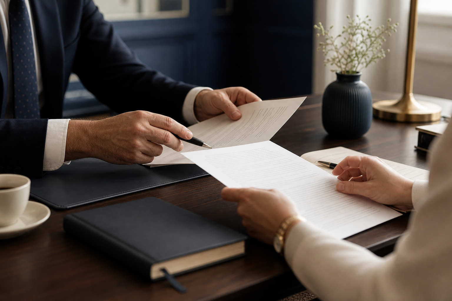 Solicitor and client reviewing legal documents across a consultation table