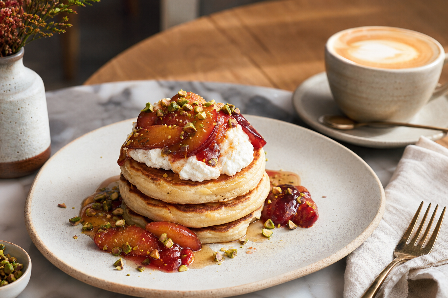 Signature ricotta pancakes served with fruit and coffee